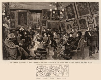 Francouzská komedie doma, portrétní náčrtky ze života v zeleném sále divadla Francais v Paříži od Adrien Emmanuel Marie