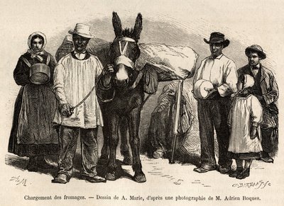 Nakládání sýrů na hřbet muly směrem ke sklepům Roquefortu, rytina podle kresby A. Marie, ilustrující cestu do Roquefortu a jeho okolí, od Adriena Roquese a Julese Chartona, v roce 1874, publikovaná v „“ Le tour du monde””” od Adrien Emmanuel Marie