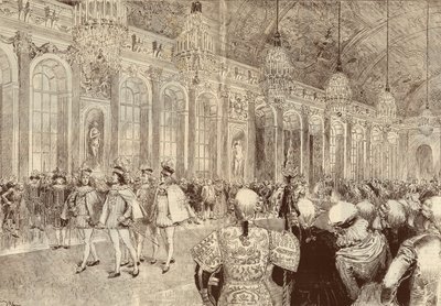 Průvod rytířů Řádu svatého Ducha (Svatého Ducha) v ledové galerii zámku Versailles v den Letnic roku 1789. Kresba Adriena Marie z roku 1889. od Adrien Emmanuel Marie