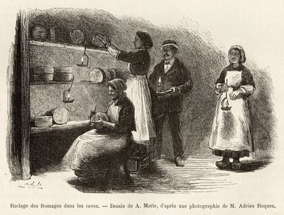 Škrábání a sešívání sýrů po vinařství každých osm dní, tyto operace usnadňují fermentaci a tvorbu modrého mramorování v Roquefortu, rytina podle kresby A. Marie, znázorňující cestu do Roquefortu a jeho okolí od Adrien Emmanuel Marie