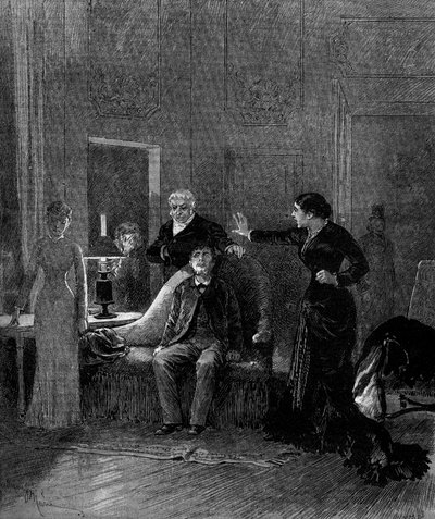Divadelní ztvárnění: 5. dějství „Jack“ od Alphonse Daudeta (1840-1897) a H. Lafontainea se slečnou Sisosovou (Cecile), M. Porelem (Dr. Rivalové), M. Chelles (Jack), slečnou Montalandovou (Ida de Barancy) ). Paříž, divadlo de l