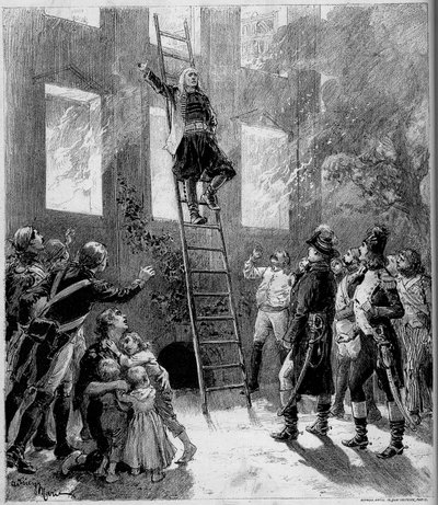 Divadelní ztvárnění: "" Devadesát tři "" ("Devadesát tři") od Paula Meurice (1818-1905) od Victora Huga (1802-1885). Požár Tourgue (10. obraz): markýz de Lantenac, poté, co zachránil životy dětí Flecharde, si dává t od Adrien Emmanuel Marie