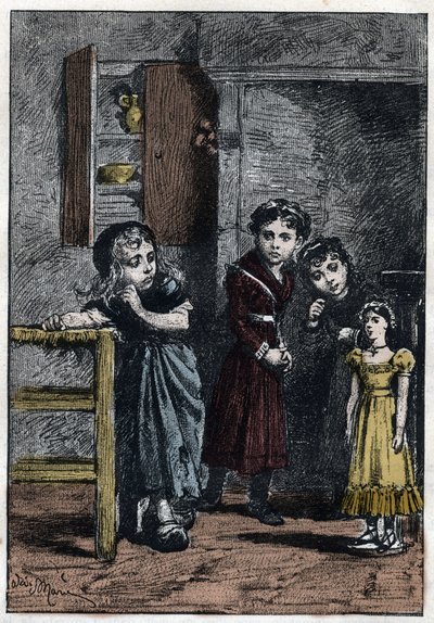 Thenardierovy dvě dcery, Eponine a Azelma, se dívají na Cosette, která obdržela panenku Catherine - Ilustrace Adrien Marie (1848-1891) pro „Bídníci - Druhá část: Cosette“ od Victora Huga (1802-1885) 1862 od Adrien Emmanuel Marie