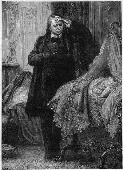 Victor Hugo pozoruje dítě spící ve své postýlce. Ilustrace „Historie zločinu“ od Victora Huga (1802-1885). Ilustrace M. A. Marie od Adrien Emmanuel Marie