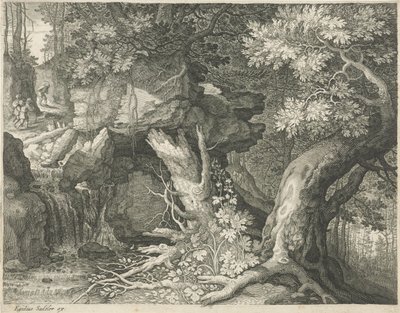 Cestovatelé nad vodopádem Šest krajin (název série) od Egidius  Sadeler (II)