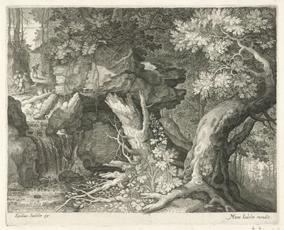 Cestovatelé nad vodopádem Šest krajin (název série) od Egidius  Sadeler (II)