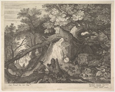 Muž držící hůl a sedící na kmeni stromu se dvěma kozami po obou stranách, surro..., ca. 1600. od Aegidius Sadeler II