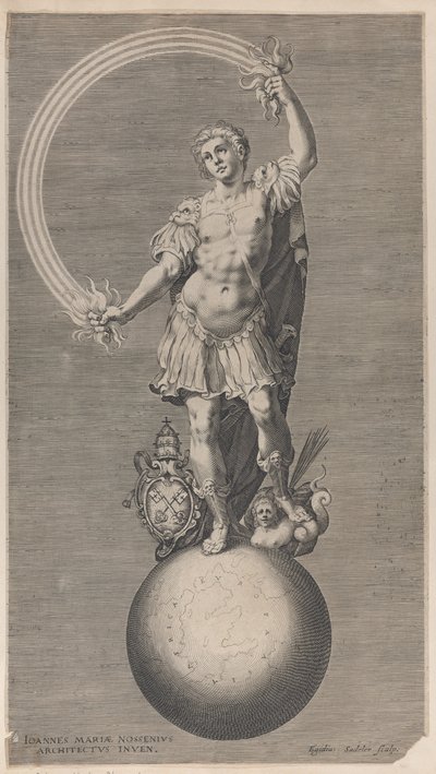 Alegorická postava válečníka stojícího na zeměkouli s papežským erbem a..., ca. 1588-1629. od Aegidius Sadeler II