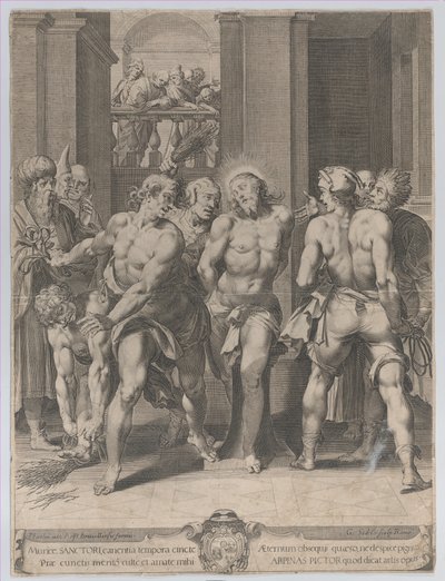 Bičování Krista s bičováním po obou stranách a postavami přihlížejícími z balkónu..., 1593. od Aegidius Sadeler II