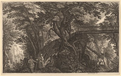 Lesní krajina se dvěma muži a ženou odpočívající u mostu od Aegidius Sadeler II after Pieter Stevens