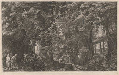 Lovci v lese poblíž dřevěného mostu od Aegidius Sadeler II after Pieter Stevens