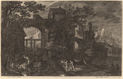 Noční krajina s říčními rybáři mimo městské hradby od Aegidius Sadeler II after Pieter Stevens