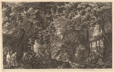 Říční krajina s lovcem kachen od Aegidius Sadeler II after Pieter Stevens