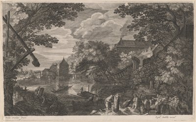 Říční krajina s rybáři u opevněného města od Aegidius Sadeler II after Pieter Stevens