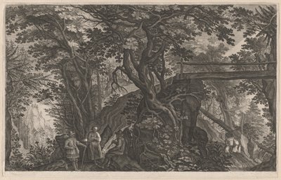 Cestovatelé odpočívající v horském lese u Log Bridge od Aegidius Sadeler II after Pieter Stevens