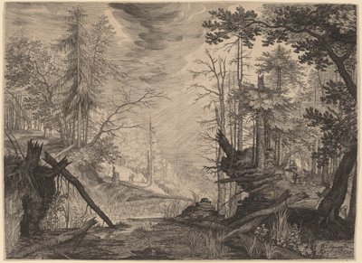 Tři lovci a dva psi poblíž bazénu od Aegidius Sadeler II after Roelandt Savery