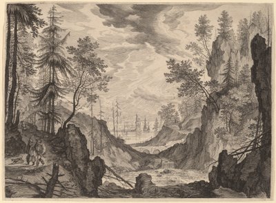 Lesní scéna s vodopádem od Aegidius Sadeler II after Roelandt Savery