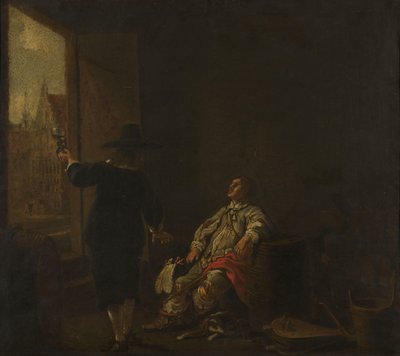 Vývěsní štít vinotéky s ochutnávkou vína na jedné straně a sudováním vína na straně druhé od Aelbert Cuyp (circle of)