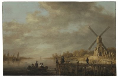 Říční krajina s větrným mlýnem a lidmi ve veslici a na molu v popředí (olej na desce) od Aelbert Cuyp