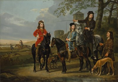 Jezdecký portrét Cornelis a Michiel Pompe van Meerdervoort s jejich učitelem a kočím, Starting for the Hunt, c.1652-53 od Aelbert Cuyp