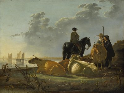 Rolníci a dobytek u řeky Merwede, kolem 1655-60 (olej na panelu) od Aelbert Cuyp