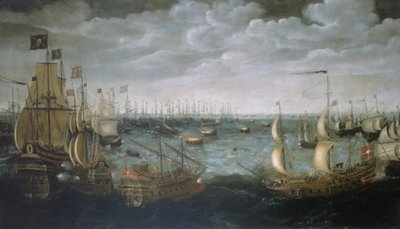 Vypouštění střelných lodí proti španělské Armadě, 7. srpna 1588, asi 1590 (olej na plátně) od Aert Anthonisz