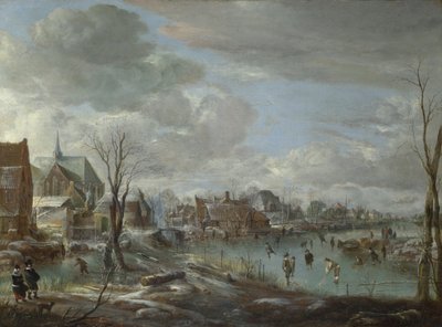 Zamrzlá řeka u vesnice s golfisty a bruslaři, c. 1647-1648 od Aert van der Neer