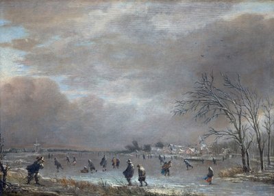 Zimní krajina s bruslaři na zamrzlé řece od Aert van der Neer