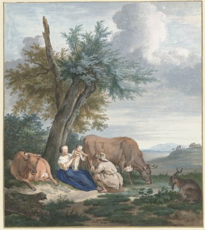 Rolnice a farmář s dítětem v krajině s dobytkem od Aert Schouman