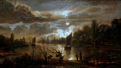 Německy: Mondscheinlandschaft mit breitem Kanal Měsíční krajina s širokým potokem od Aert van der Neer