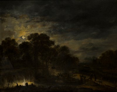 Říční krajina od Moonlight, cca 1623-77 (olej na plátně) od Aert van der Neer