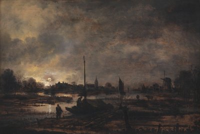 Měsíc vycházející nad vesnicí od Aert van der Neer