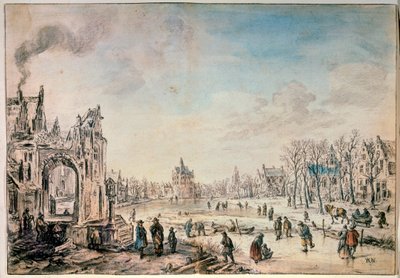 Zimní krajina s bruslaři, holandská malba 17. století od Aert van der Neer