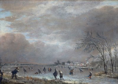 Zimní krajina s bruslaři na zamrzlé řece (olej na panelu) od Aert van der Neer
