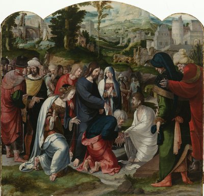 Vzkříšení Lazara, středový panel triptychu, kolem 1530 od Aertgen Claesz van Leyden