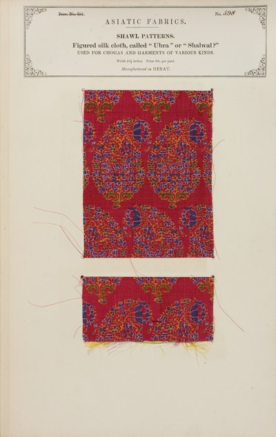 Vzorek hedvábného plátna vyrobeného v Herátu, ze sbírky The Collection of the Textile Manufacturers of India od Johna Forbese Watsona, vydané v roce 1866. od Afghan School