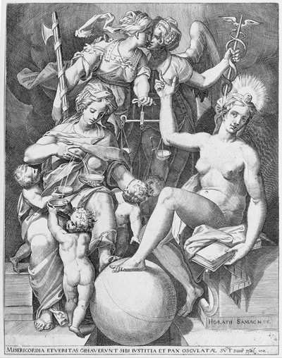 Alegorie žalmu Davidova, Misericordia sedící vlevo a krmící čtyři děti s..., 1579. od After Agostino Carracci.