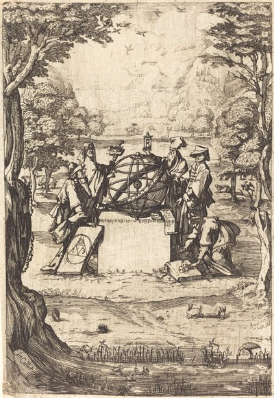 Frontispis pro posvátnou kosmologii (titul s astrology) od After Jacques Callot