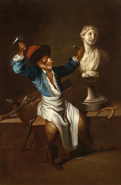 Opice jako sochař F 18Jh od after Jean Antoine Watteau