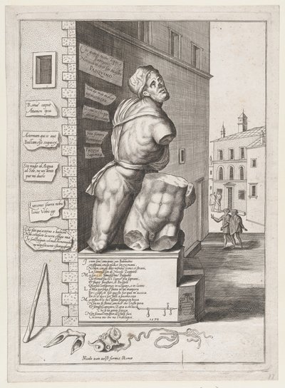 Socha Pasquina v domě kardinála Ursina, Vydáno po roce 1582., Vydáno po roce 1582. od After Nicolas Beatrizet.