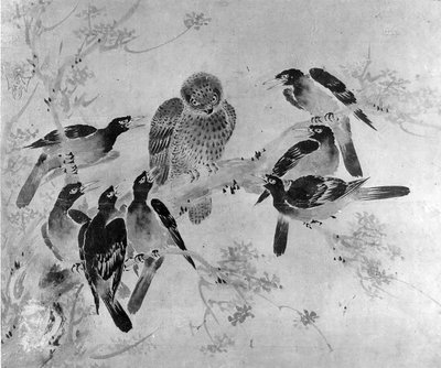 Mynah Birds Attacking an Owl, pravděpodobně 19. století. od after Sesson Shūkei