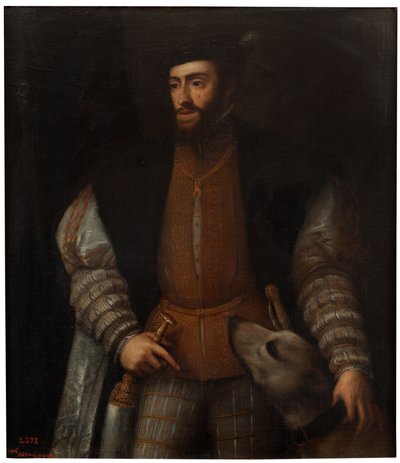 Španělština:  Císař Karel V. se psem (El emperador Carlos V con un perro) od after Titian