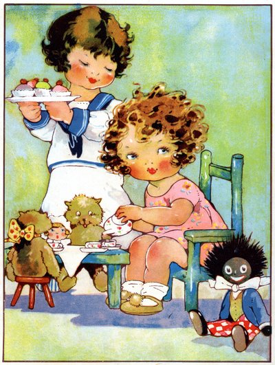 Holčičky hrající na jídelní kout, kolem roku 1920 (ilustrace od Agnes Richardson