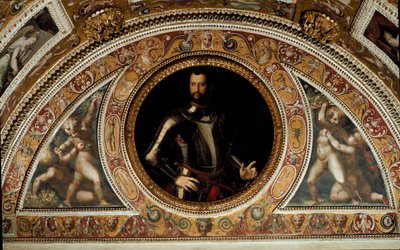 Portrét Cosima I. de Medici, velkovévody toskánského a otce Francesca I. (malba na břidlici od Agnolo (after) Bronzino