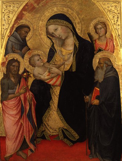 Marie s dítětem a svatými Janem Křtitelem, Františkem, Antonínem Opátem a mučednicí od Agnolo Gaddi