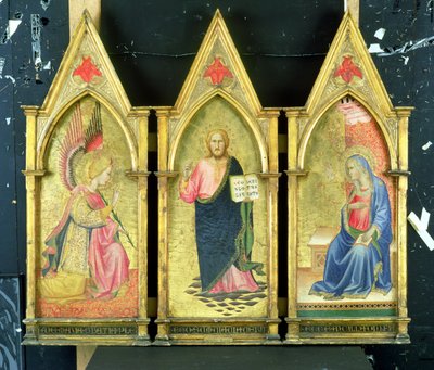 archanděl Gabriel; Kristus Vykupitel; Zvěstování Panny Marie na zlatých zemních panelech, od Agnolo Gaddi