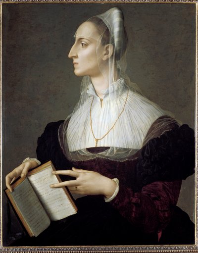 Portrét italské básnířky Laury Battiferri, která čte Petrarcovy sonety (olej na panelu od Agnolo Bronzino