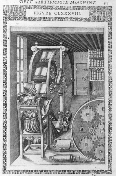 Automatická knihovna. Na základě projektu Agostina Ramelliho v „“Diverse and Artificiose Machin““ a Milán 1600. od Agostino (after) Ramelli