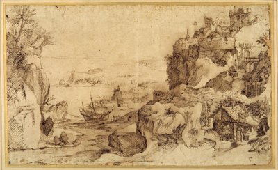 Pohled dolů na opevněný přístav (pero a hnědý inkoust na papíře) od Agostino (attr. to) Carracci