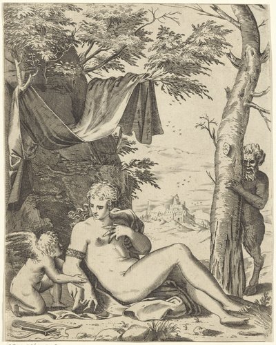 Venuše, láska v sateru od Agostino Carracci (attributed to)